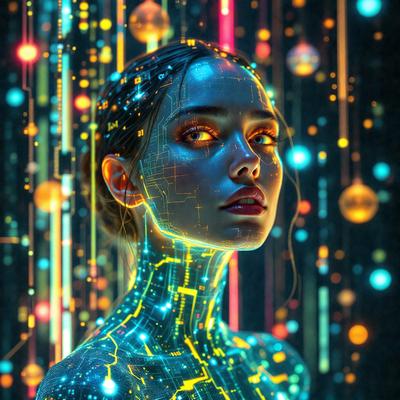 The primary subject of the image is a woman with a futuristic, digital appearance. She is surrounded by a vibrant and colorful environment, which includes a backdrop of neon lights and a pattern of balls. The visual style of the image is a combination of photo and digital art, creating a unique and captivating scene. The woman's expression and the overall atmosphere convey a sense of mystery and intrigue.